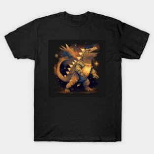 golden armor dinosaur dragon kaiju ecopop art in starry galaxy wallpaper T-Shirt